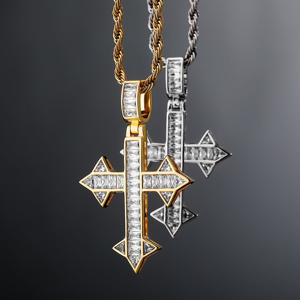 Channel Baguette Patonce Cross Pendant 14K - ICECI