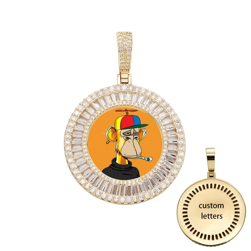 Custom Halo Micro Pave Baguette Photo Medallion Pendant 14K - ICECI