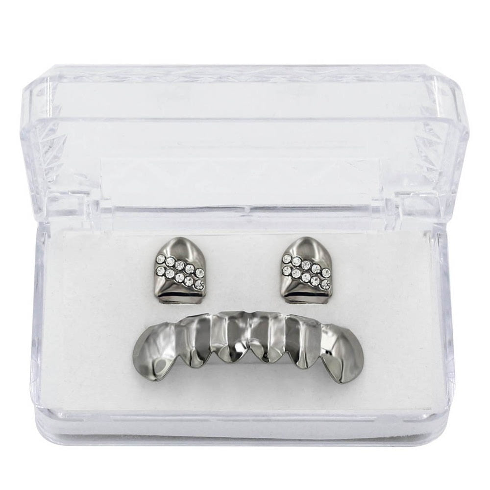 Iced 2 Single Top Tooth Caps + 6 Tooth Bottom Grillz 14K - ICECI