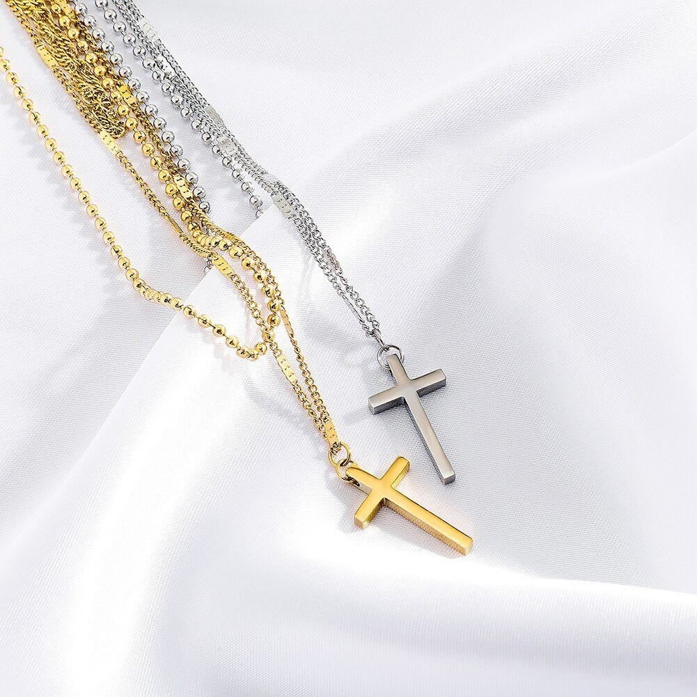 Minimalist Layered Cross Pendant 14K - ICECI