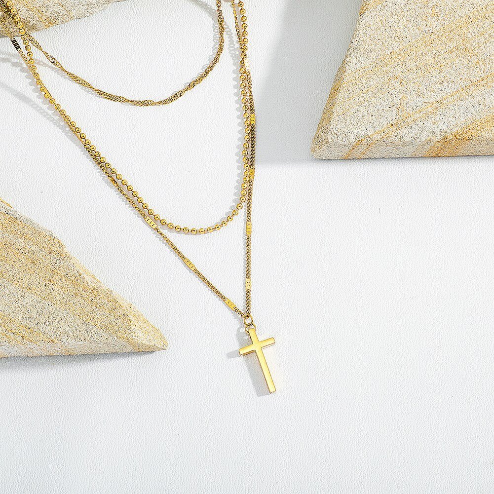 Minimalist Layered Cross Pendant 14K - ICECI