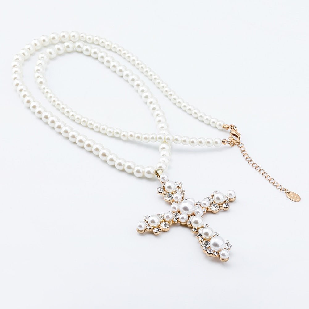 Vintage Pearl Cross Necklace 14K - ICECI