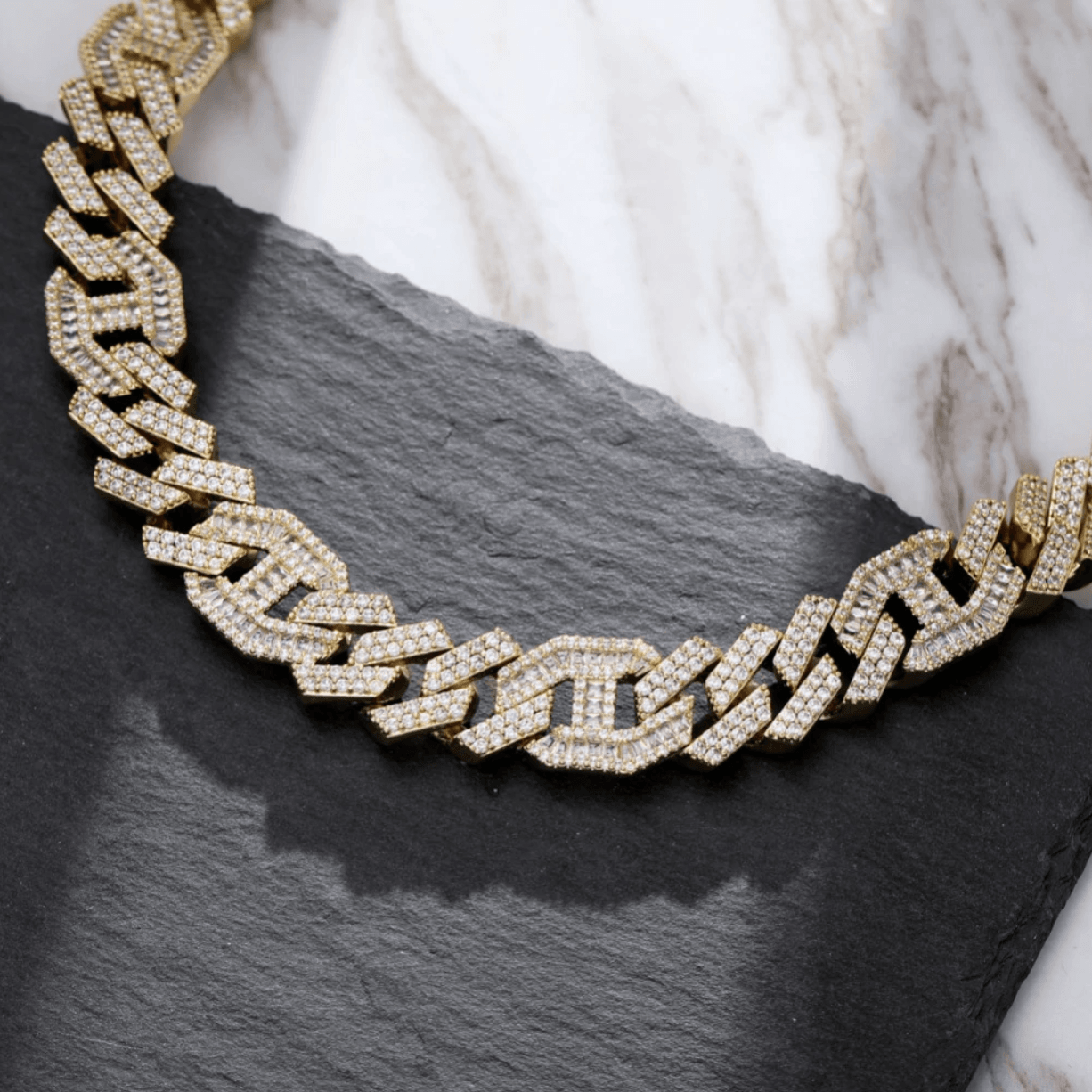14MM PRONG BAGUETTE GUCCI CURB CHAIN 18K - ICECI