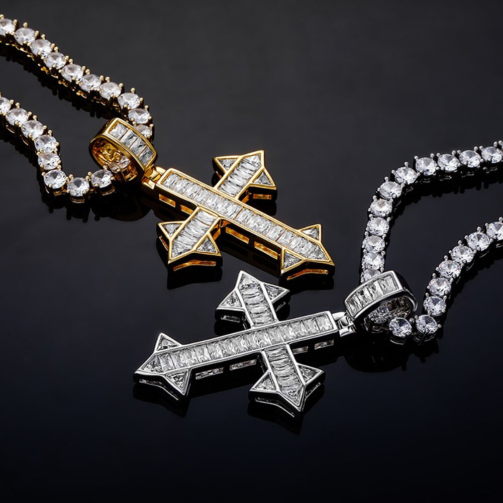 Channel Baguette Patonce Cross Pendant 14K - ICECI