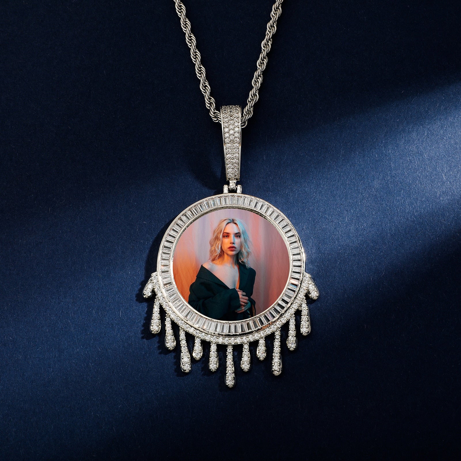 Custom Baguette Drip Photo Medallion Pendant 14K - ICECI