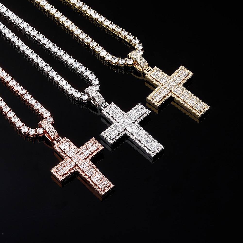 Halo Clustered Baguette Cross Pendant 14K - ICECI