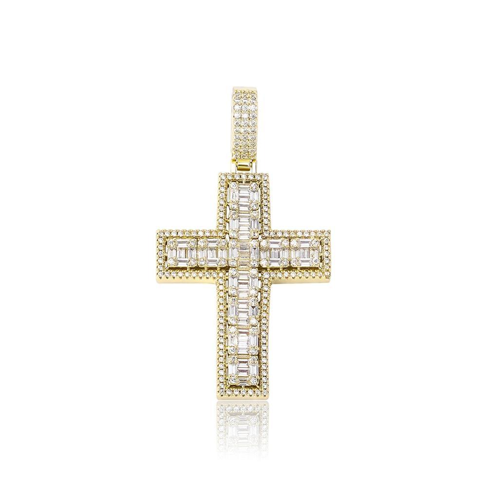 Halo Clustered Baguette Cross Pendant 14K - ICECI