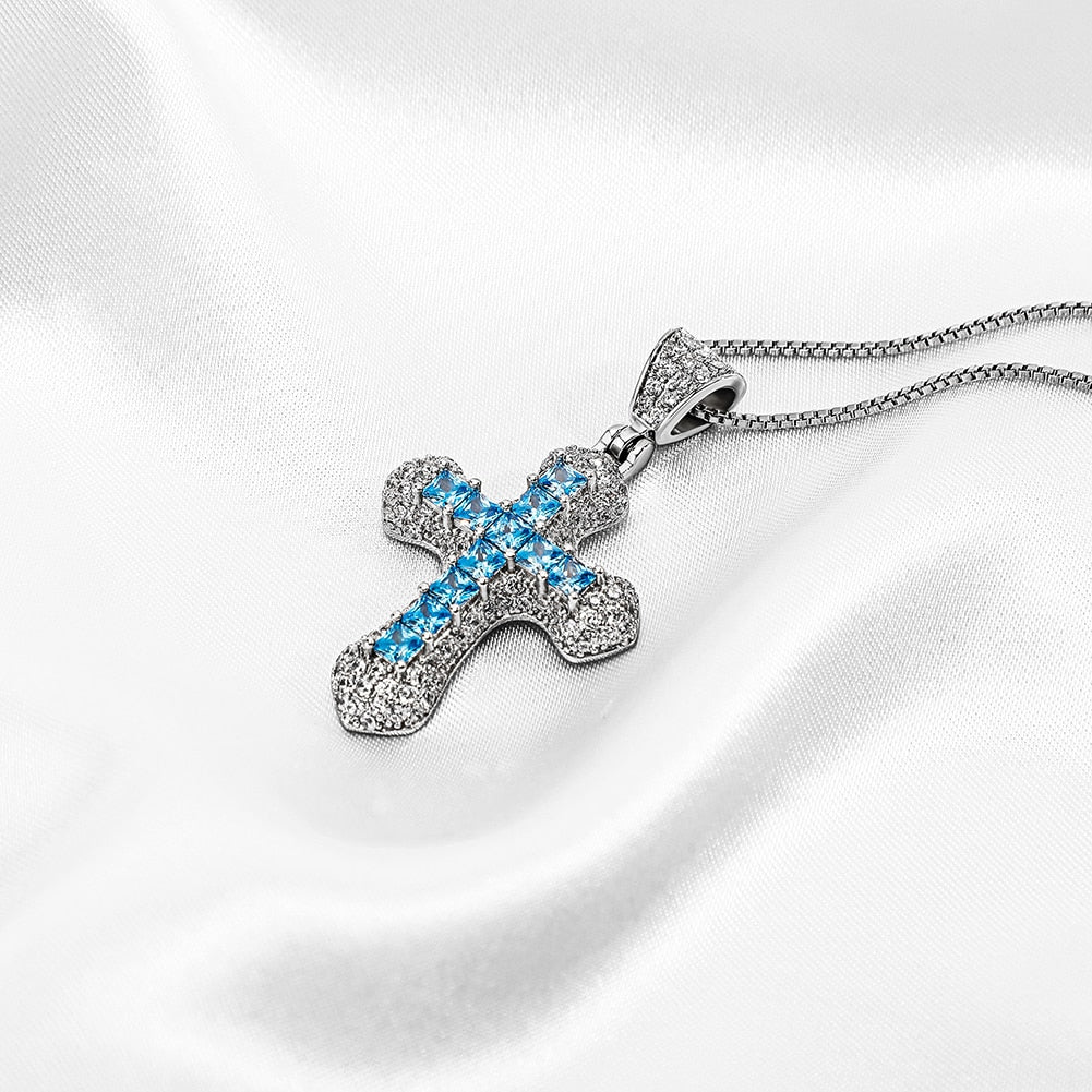 Halo Micro Pave Princess Cut Cross Pendant 14K - ICECI