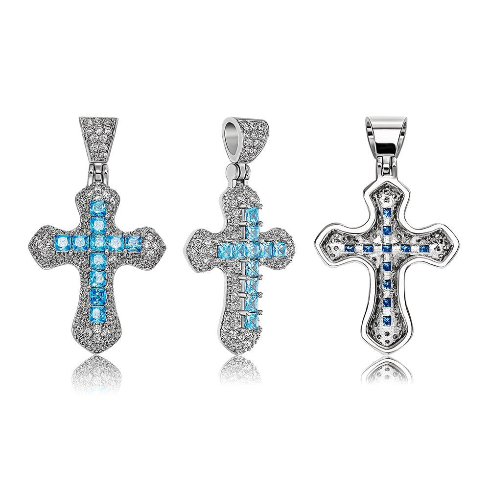 Halo Micro Pave Princess Cut Cross Pendant 14K - ICECI