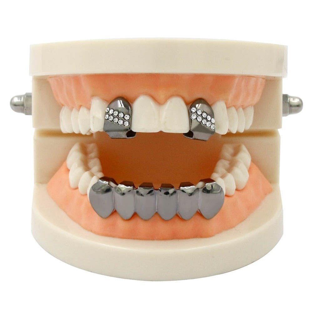 Iced 2 Single Top Tooth Caps + 6 Tooth Bottom Grillz 14K - ICECI