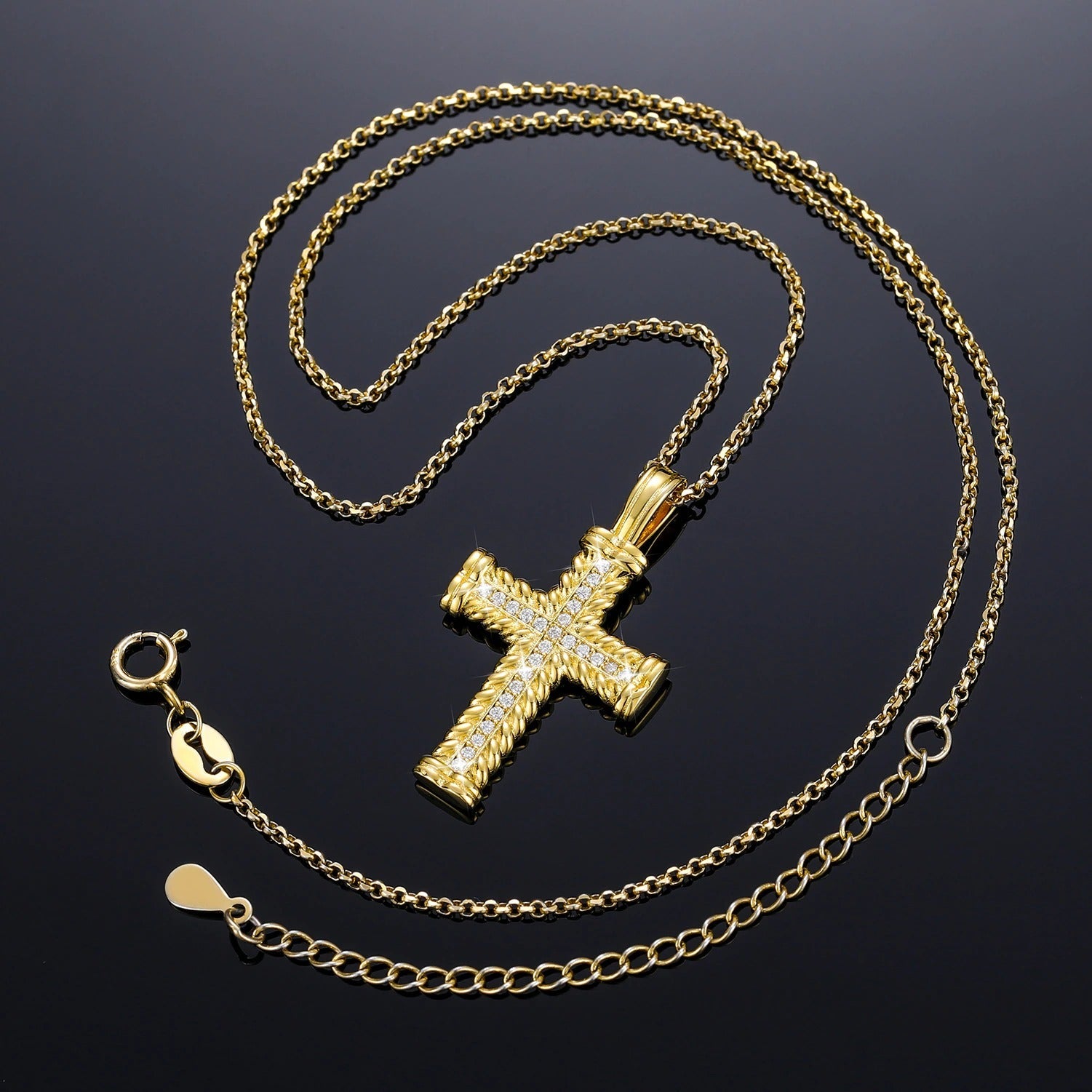 Rope Layered Cross Pendant 18K x Moissanite - ICECI