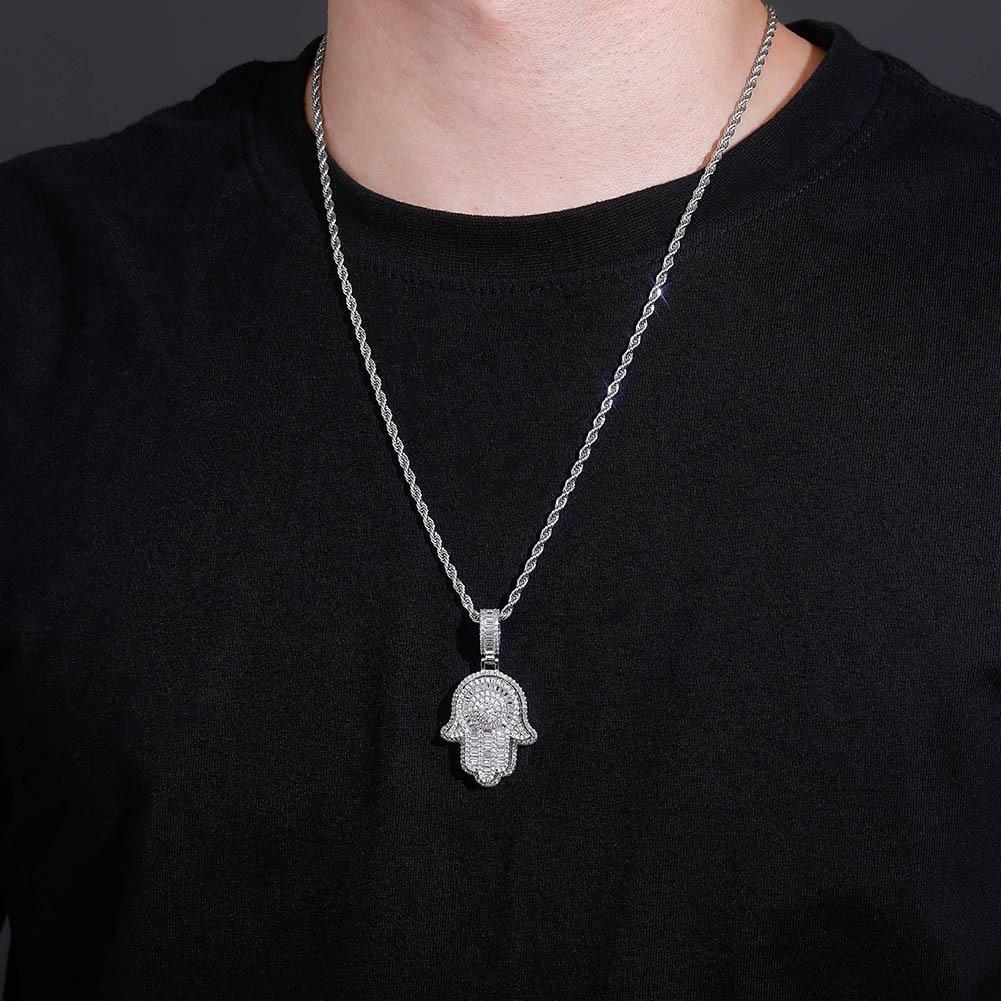 SOLITAIRE BAGUETTE HAMSA PENDANT 14K - ICECI